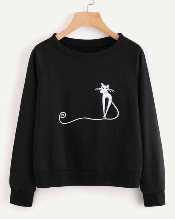 Black Cat Printed Sweat Shirt For Women - AceCart Warm Hooded Sweatshirt in Black