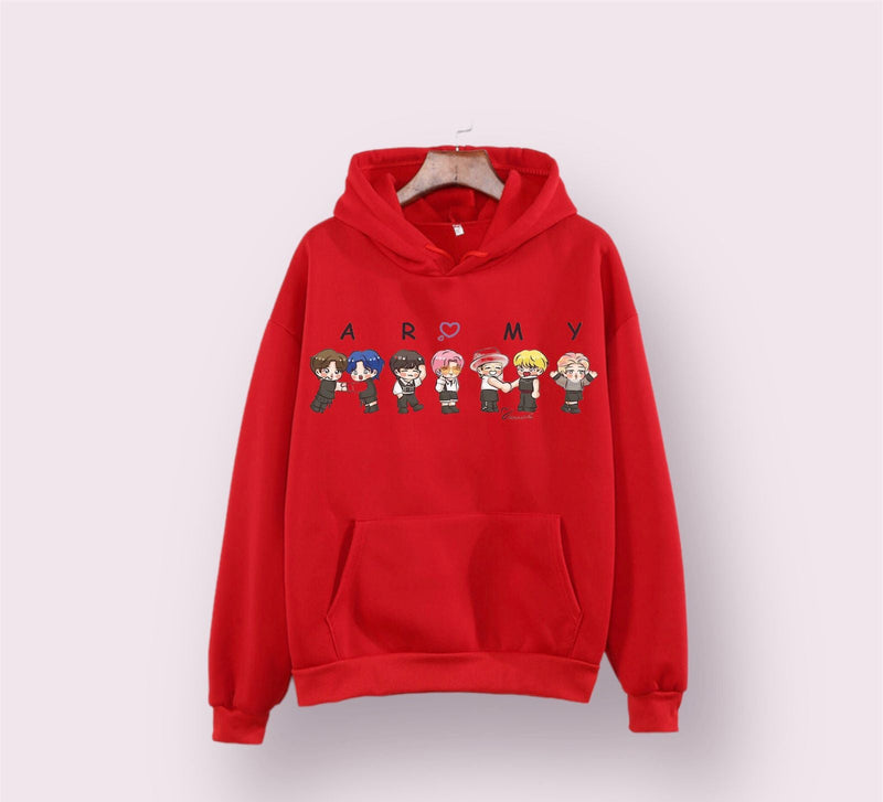 BTS Army Anime Fleece Full Sleeves Pull Over  Hoodie For Women