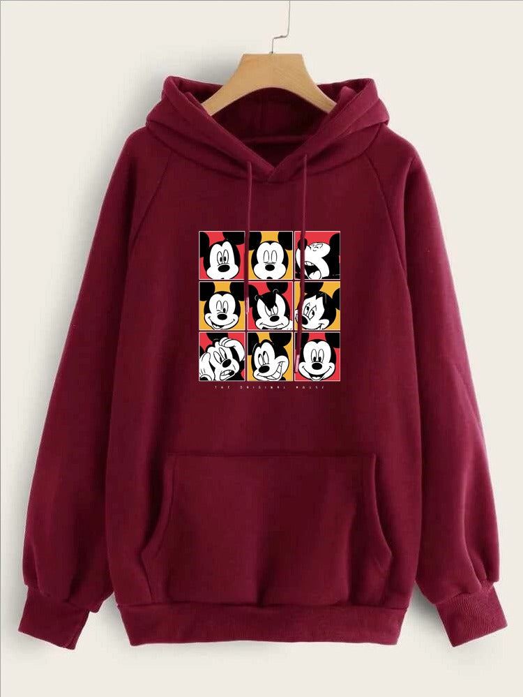 Mickey Mouse Face Printed Fleece Full Sleeves Pull Over Hoodie For Women