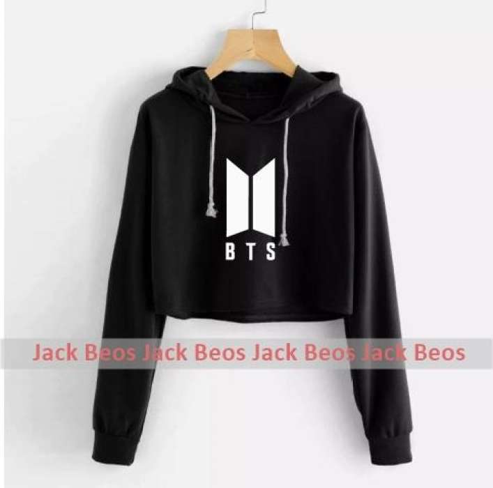 BTS Black Pullover Croped Hoodie For Women Long Sleeve - AceCart Warm Hooded Sweatshirt in Black