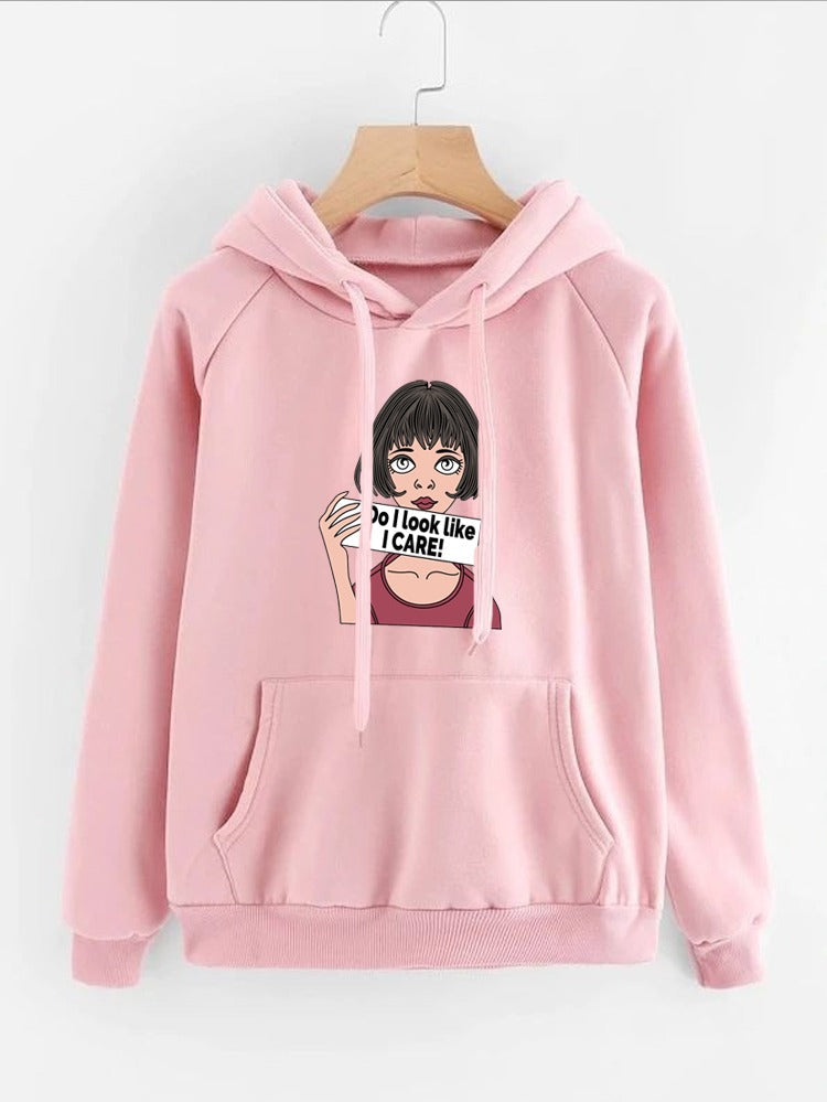 DO I Look Like I Care Anime Aesthetic Printed Fleece Full Sleeves Pull Over Hoodie For Women