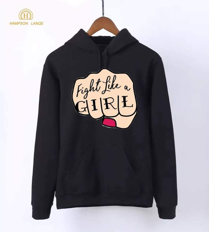 Fight Like A Girl Printed Fleece Full Sleeves Pull Over Hoodie For Women