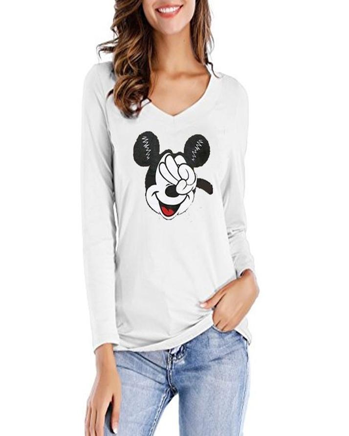 White Micky Printed T-Shirt For Her - Front View - AceCart