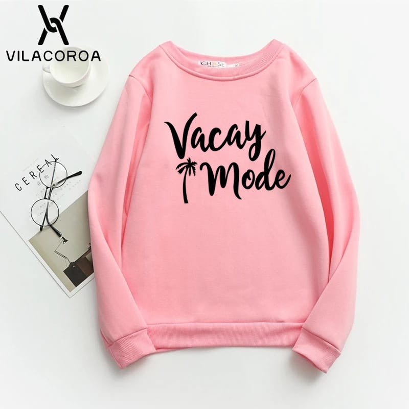 Vacation Mode Printed Fleece Full Sleeves Pull Over Sweatshirt For Women