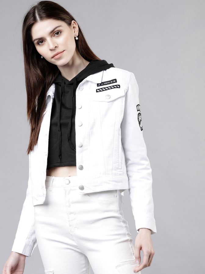 Women White Solid Jacket  - Front View - Available in Sizes M