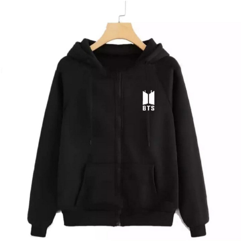 Black BTS Fleece Full Sleeves Zipper Hoodie For Women