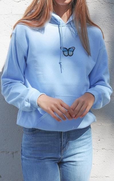 Sky Blue Butterfly Fleece Full Sleeves Pull Over Hoodie For Women