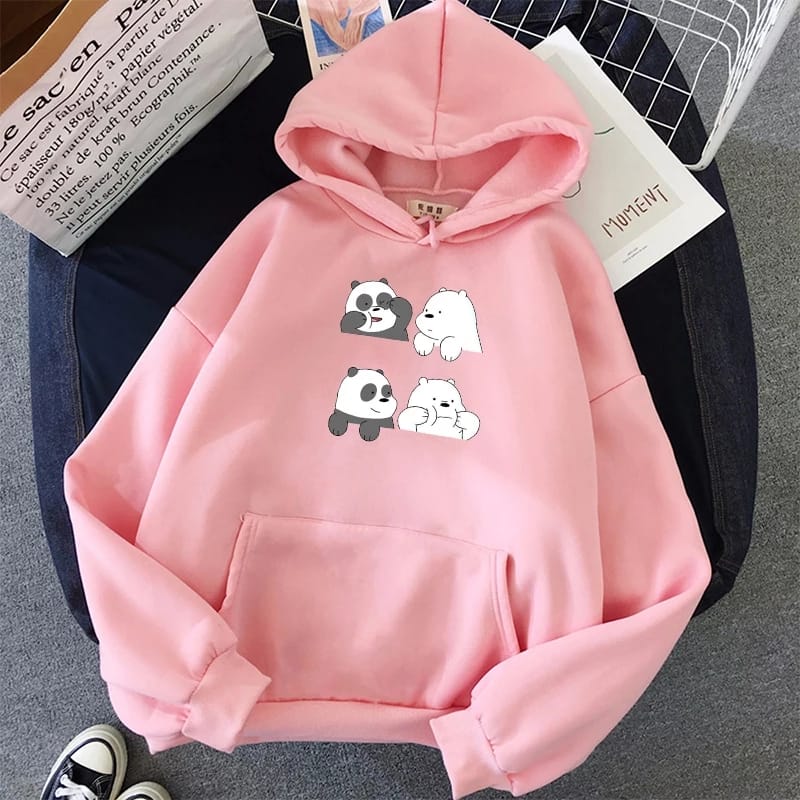 Bare Bears Printed Fleece Full Sleeves Pull Over Hoodie For Women