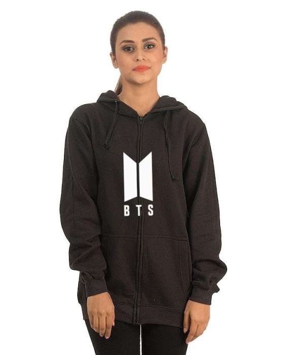 Black Fleece BTS Zipper Hoodies For Women - AceCart Warm Hooded Sweatshirt in Black