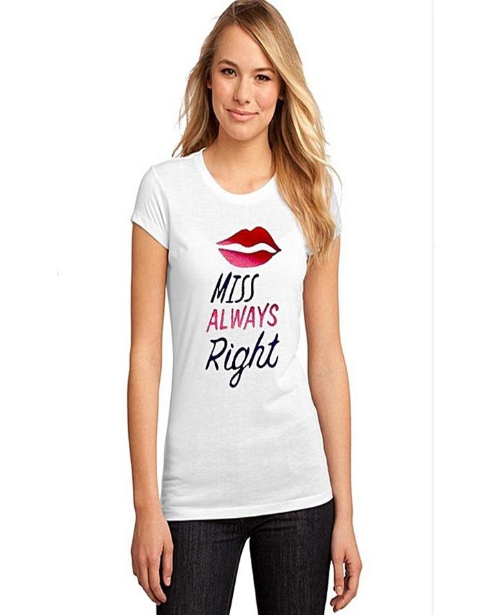 White Miss Always Right Printed T-Shirt For Women - Front View - AceCart