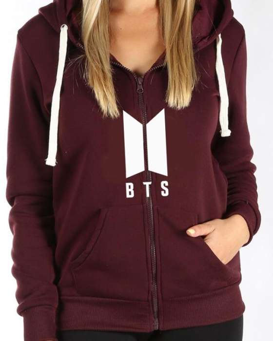 Maroon Fleece BTS Zipper Hoodies For Women - AceCart Warm Hooded Sweatshirt in Maroon