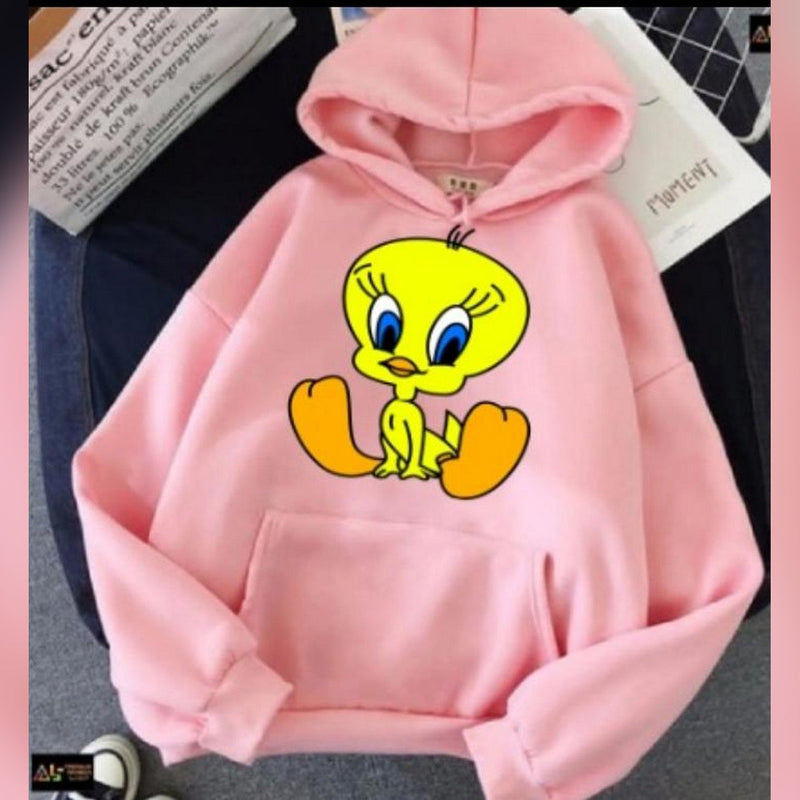 Tweety Printed Fleece Full Sleeves Pull Over Hoodie For Women