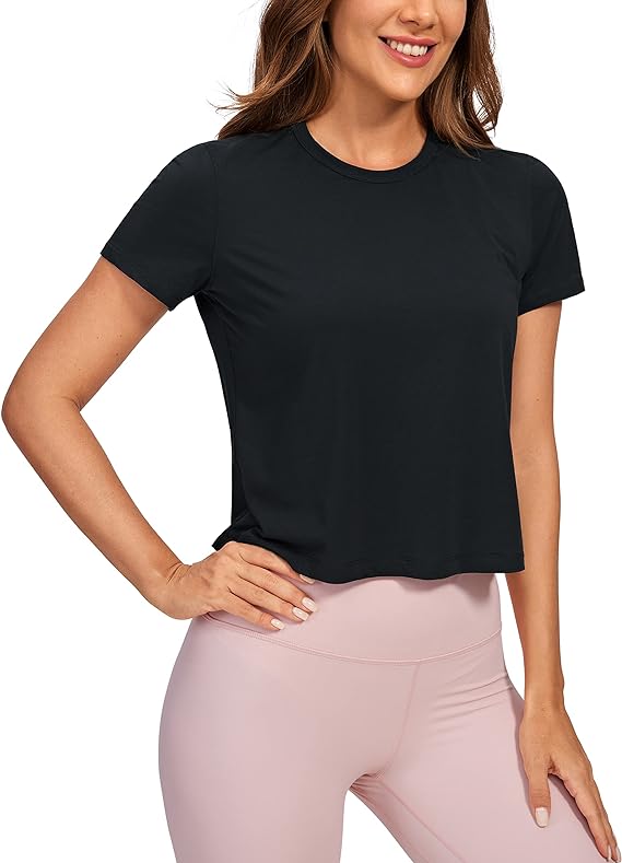 Women's Workout Crop Top T-Shirt Yoga Running Basic Tee Black