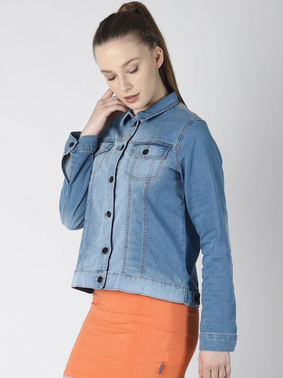 Women Blue Solid Jacket  - Front View - Available in Sizes L