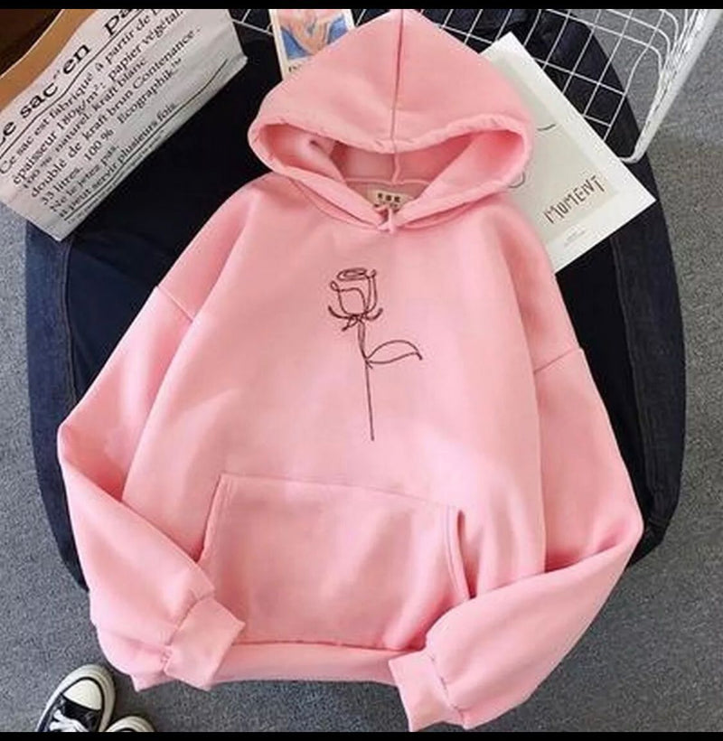 Pink Line Art Rose Printed Fleece Full Sleeves Pull Over Hoodie For Women