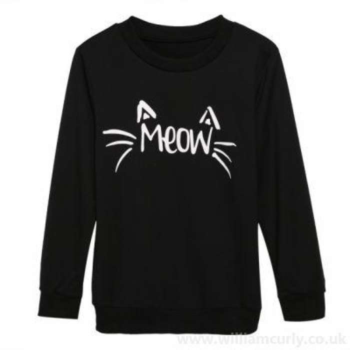 Black Fleece Meow Printed Sweat Shirt for Women - AceCart Warm Hooded Sweatshirt in Black