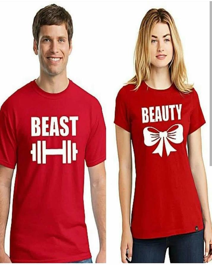 Pack Of 2 - Red Cotton Printed T-Shirts For Couples - Front View - AceCart