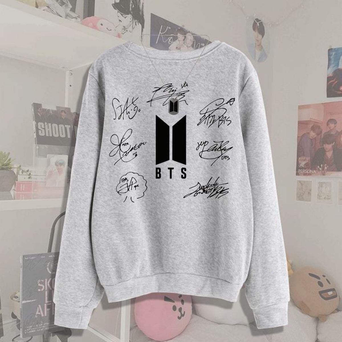 Grey Bts Signature All Members Fleece Full Sleeves Sweatshirt For Women