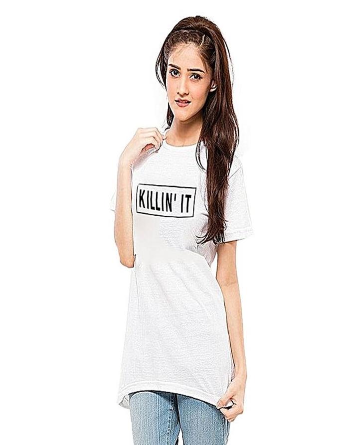 White Killng It Cotton Printed T-Shirt For Women - Front View - AceCart