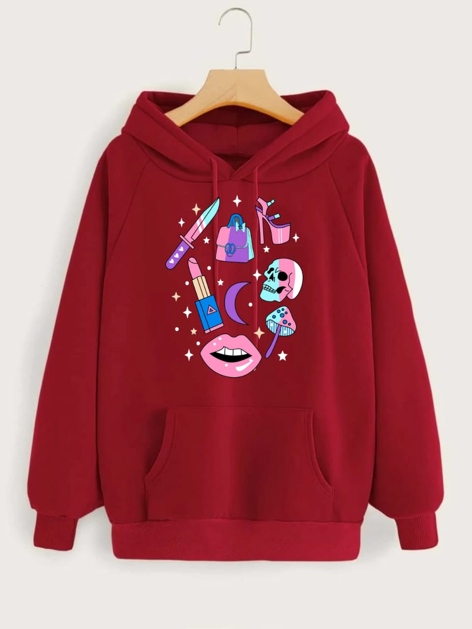 Make Up Printed Fleece Full Sleeves Pull Over Hoodie For Women