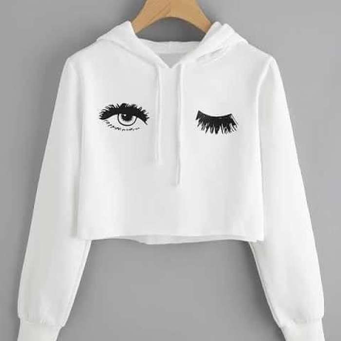 Crop Printed Fleece Hoodie For womens - AceCart Warm Hooded Sweatshirt in White