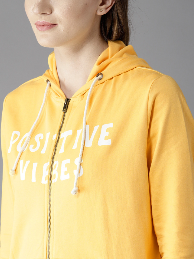 Ace Here n Now Women Yellow Printed Hooded Sweatshirt