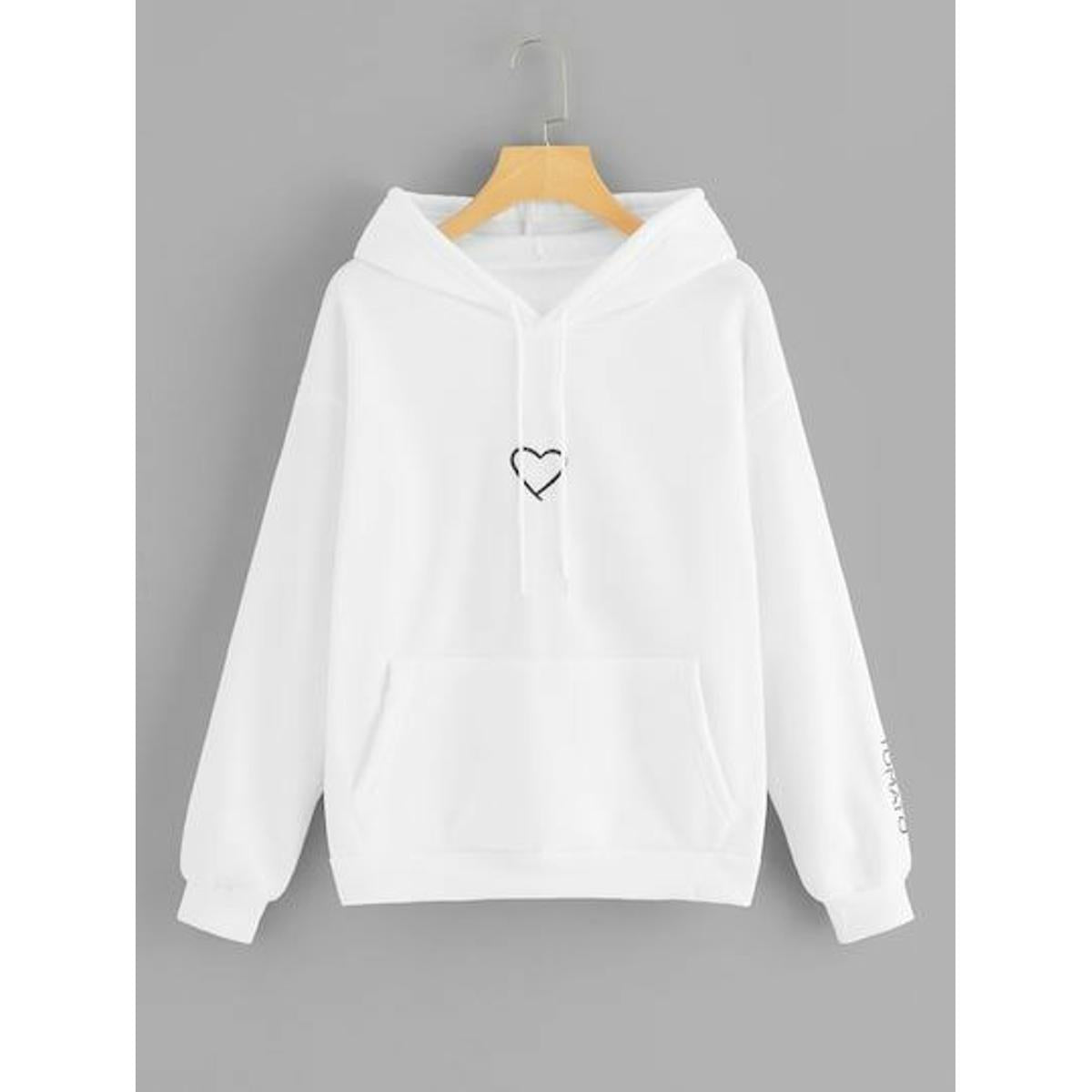 White Heart Printed Fleece Full Sleeves Pull Over Hoodie For Women