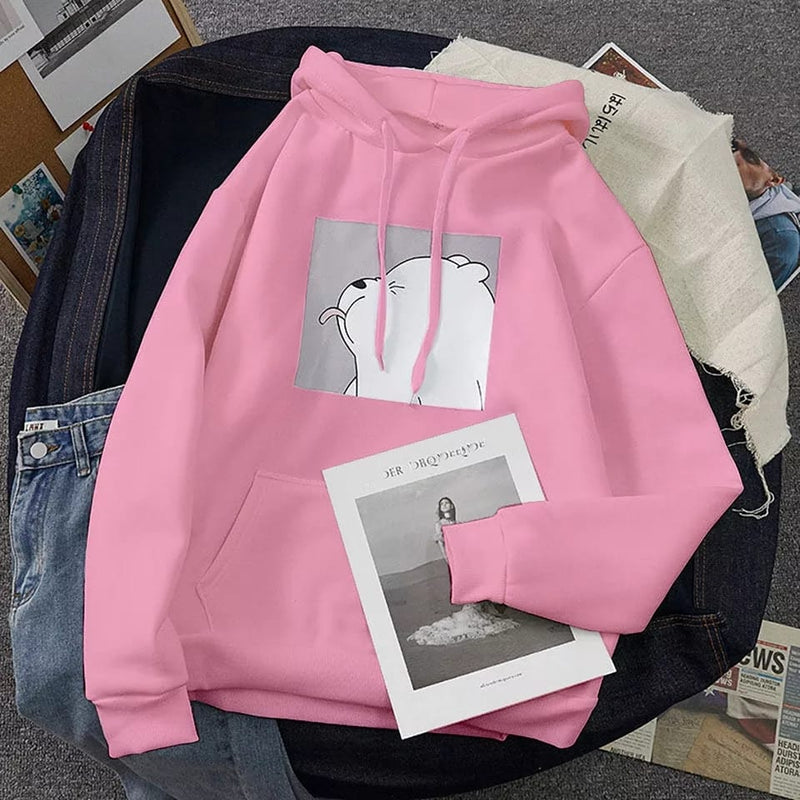 Pink Ice Bear Fleece Full Sleeves Pull Over Hoodie For Women