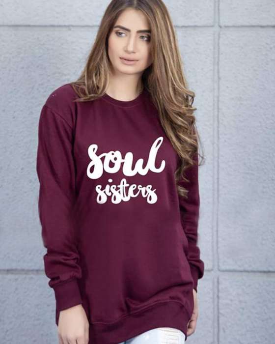 Maroon Soul Sisters Printed Sweat Shirt For Women - AceCart Warm Hooded Sweatshirt in Maroon