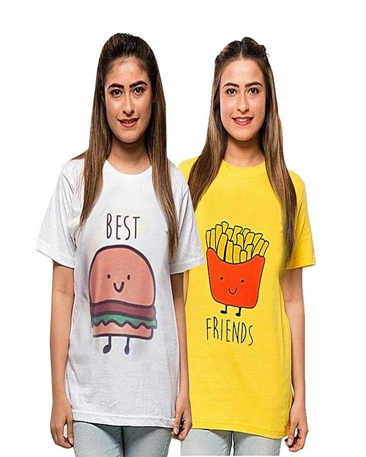 Pack Of 2 - WhiteYellow Best Friends Printed T-Shirts - Front View - AceCart