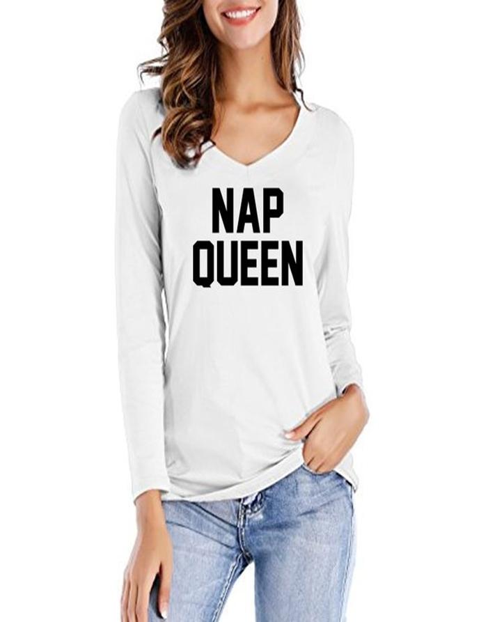 White Nap Queen Printed T-Shirt For Her - Front View - AceCart