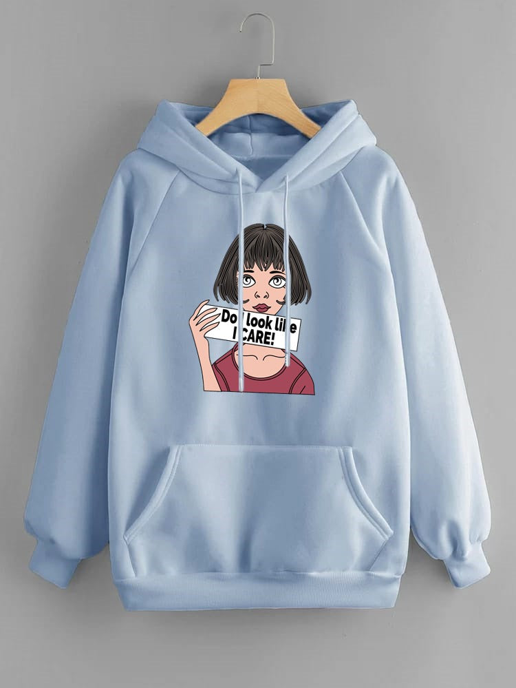 DO I Look Like I Care Anime Aesthetic Printed Fleece Full Sleeves Pull Over Hoodie For Women