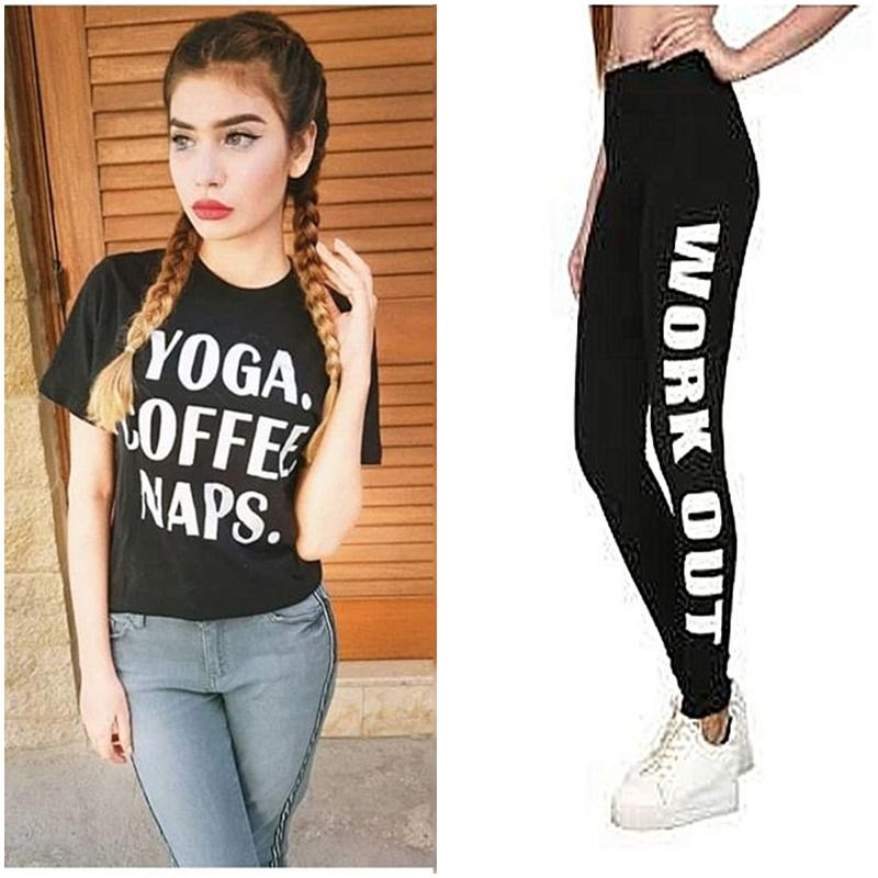 Black Yoga Coffee Nap T-Shirt and Black Work Out Tight For Women - Front View - AceCart