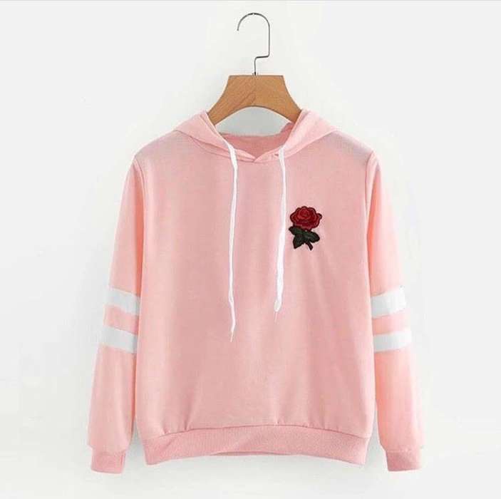 Flower and Strips Sleeves Printed Hoodie - AceCart Warm Hooded Sweatshirt in Pink