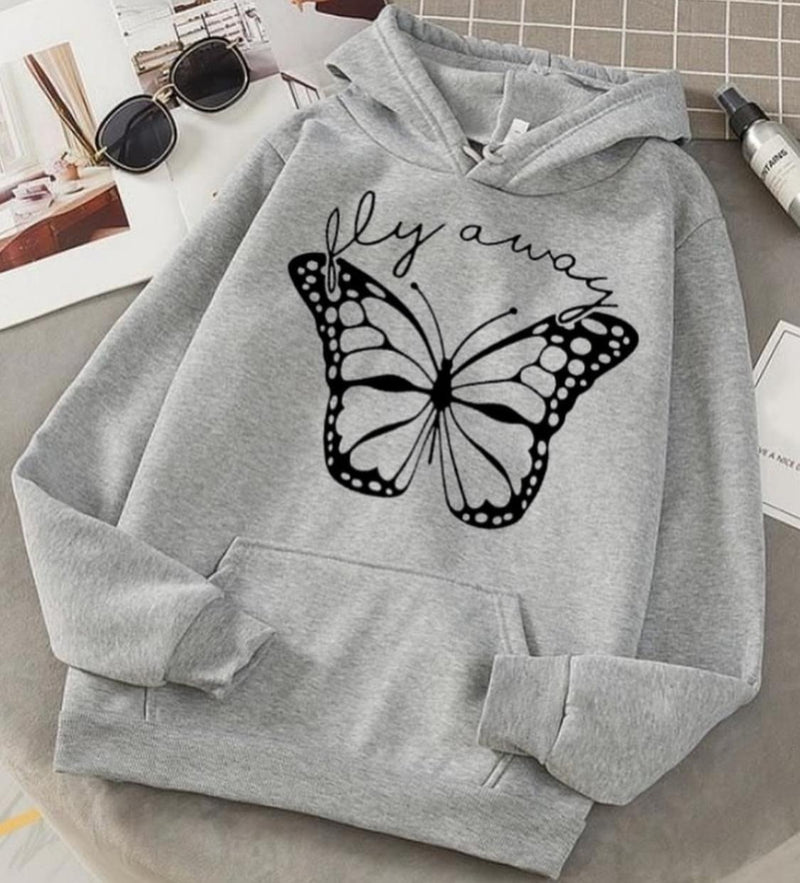 Fly Always Butterfly Grey Fleece Full Sleeves Pull Over Hoodie For Women