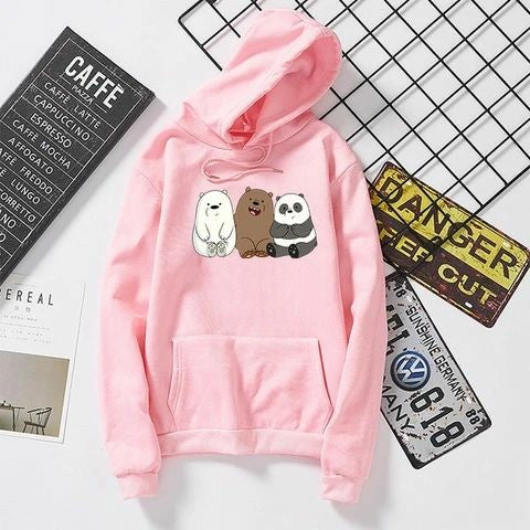 Pink Bare Bears Fleece Full Sleeves Pull Over Hoodie For Women