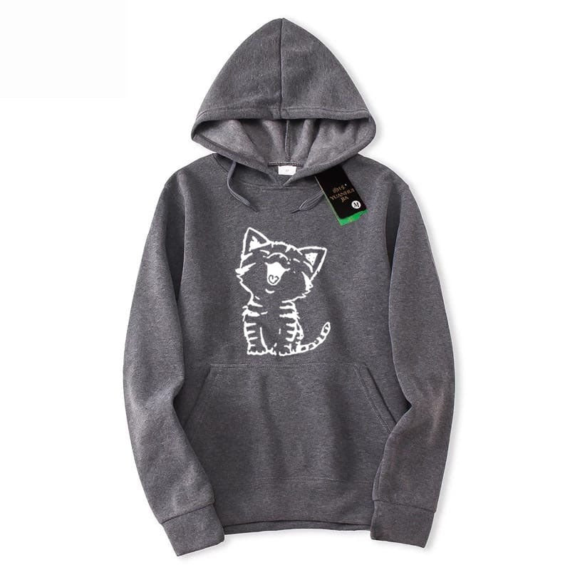 Fluffy Cat Printed Fleece Full Sleeves Pull Over Hoodie For Women