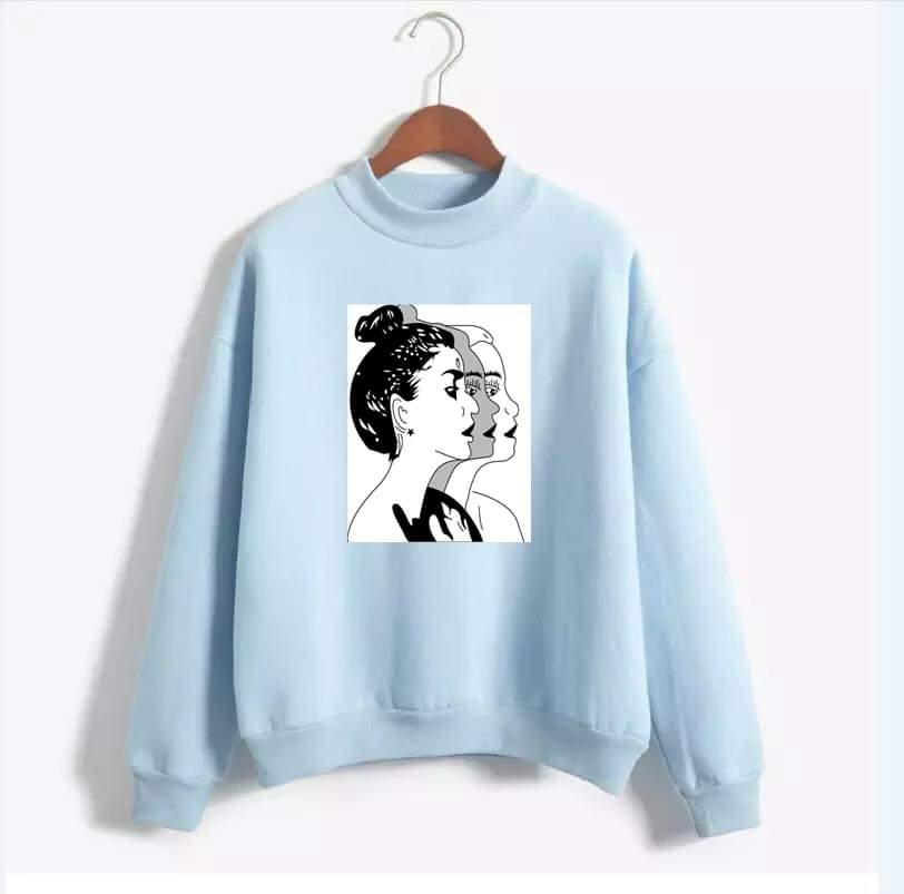 Girl Sketch Printed Fleece Ribbed Neck Fullsleeves Pullover Sweatshirt