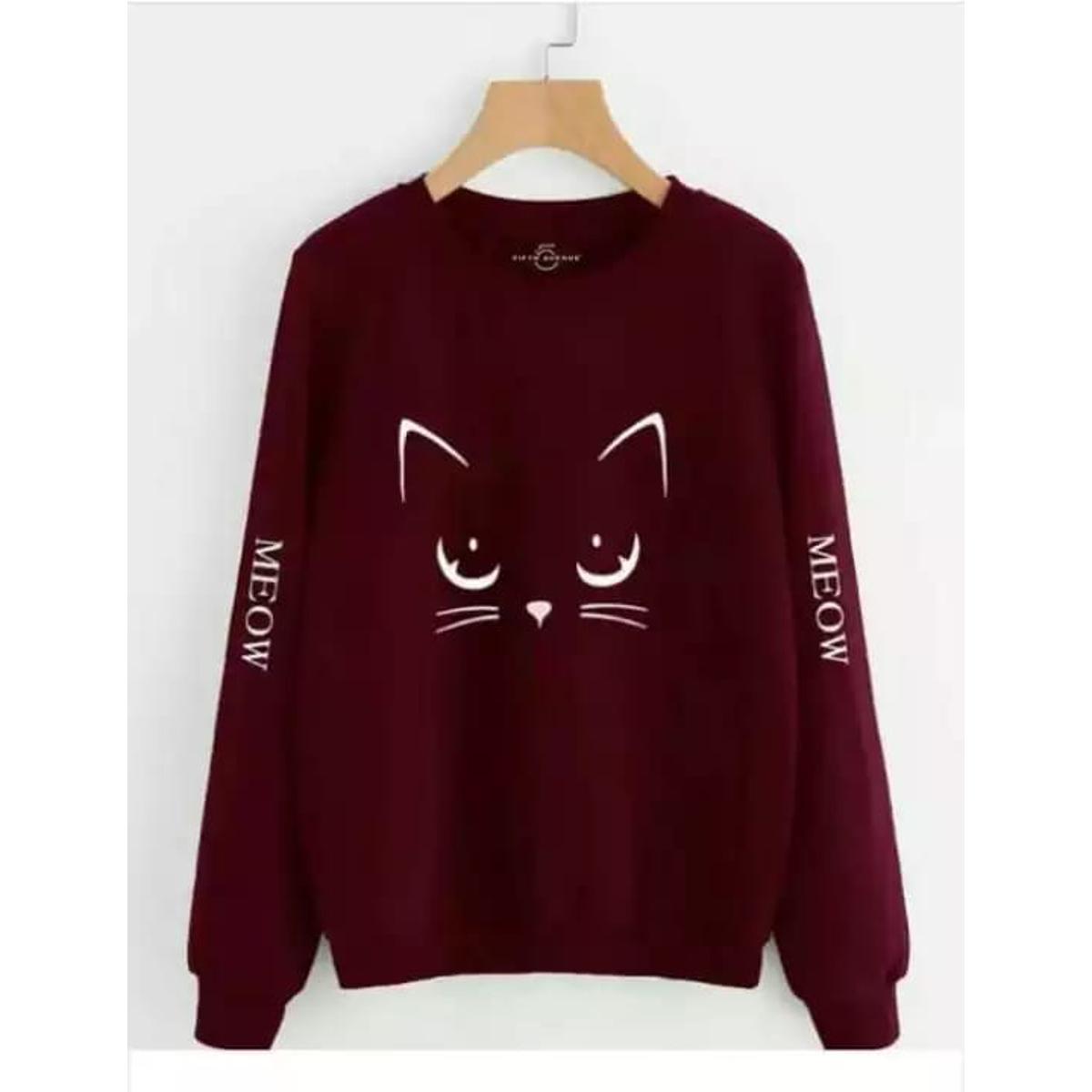 Maroon Meow Fleece Full Sleeves Pull Over Sweatshirt For Women