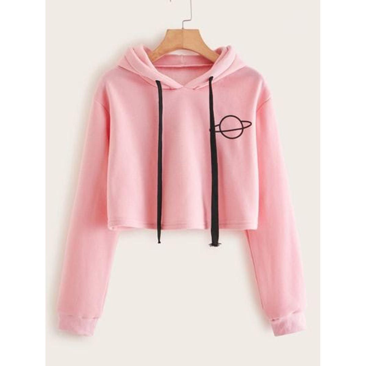 Planet Pink Printed Fleece Full Sleeves Cropped Pull Over Hoodie For Women