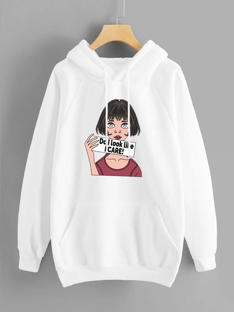 DO I Look Like I Care Anime Aesthetic Printed Fleece Full Sleeves Pull Over Hoodie For Women