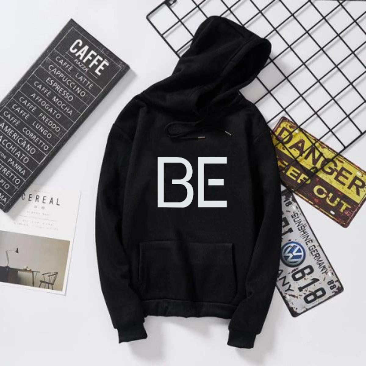 Black BTS BE Printed Fleece Full Sleeves Export Quality Pull Over Hoodie For Women & Men