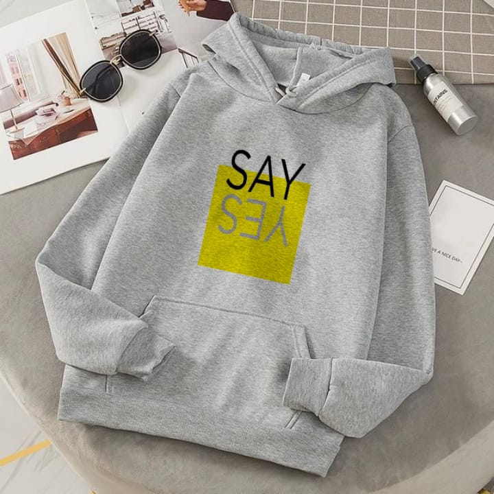 Say Yes Grey Fleece Full Sleeves Pull Over Hoodie For Women