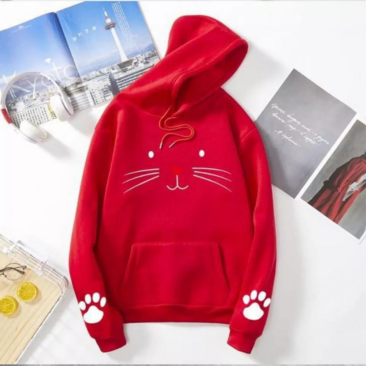 Cute Cat Pow Sleeve Print Fleece Full Sleeves Pull Over Hoodie For Women