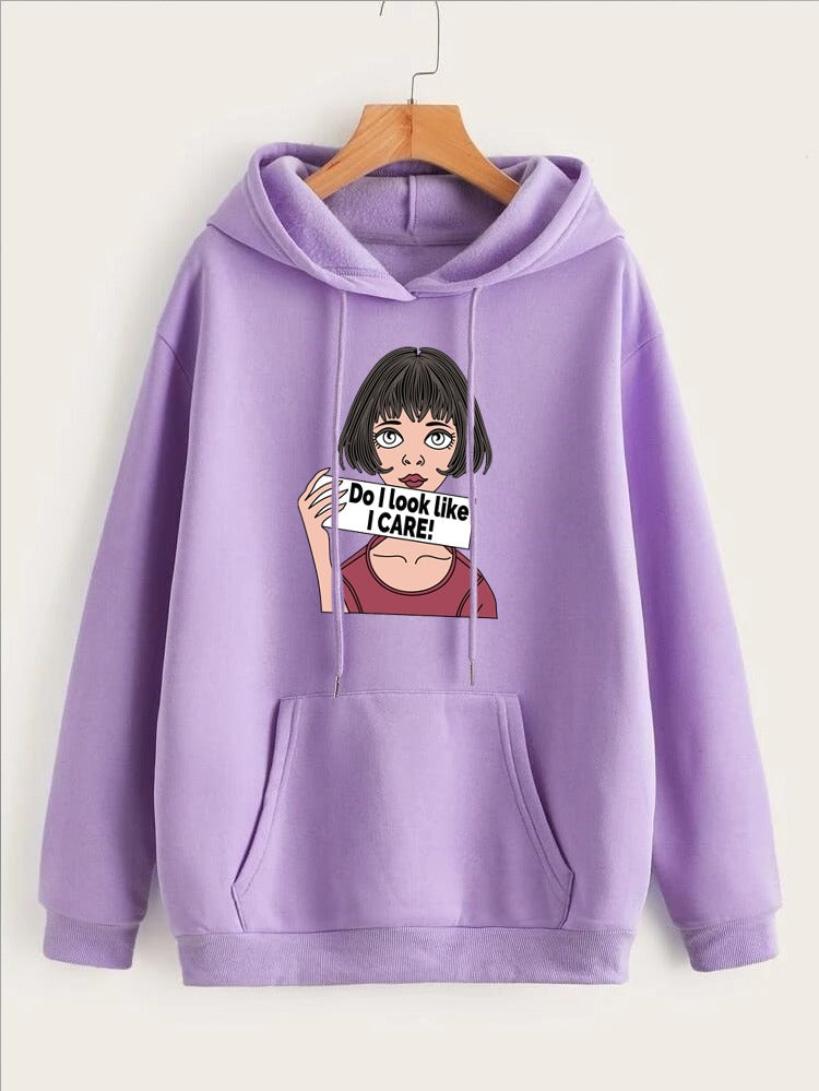 DO I Look Like I Care Anime Aesthetic Printed Fleece Full Sleeves Pull Over Hoodie For Women