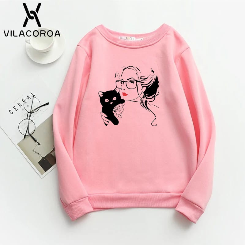 Cat Lover Printed Fleece Full Sleeves Pull Over Sweatshirt For Women