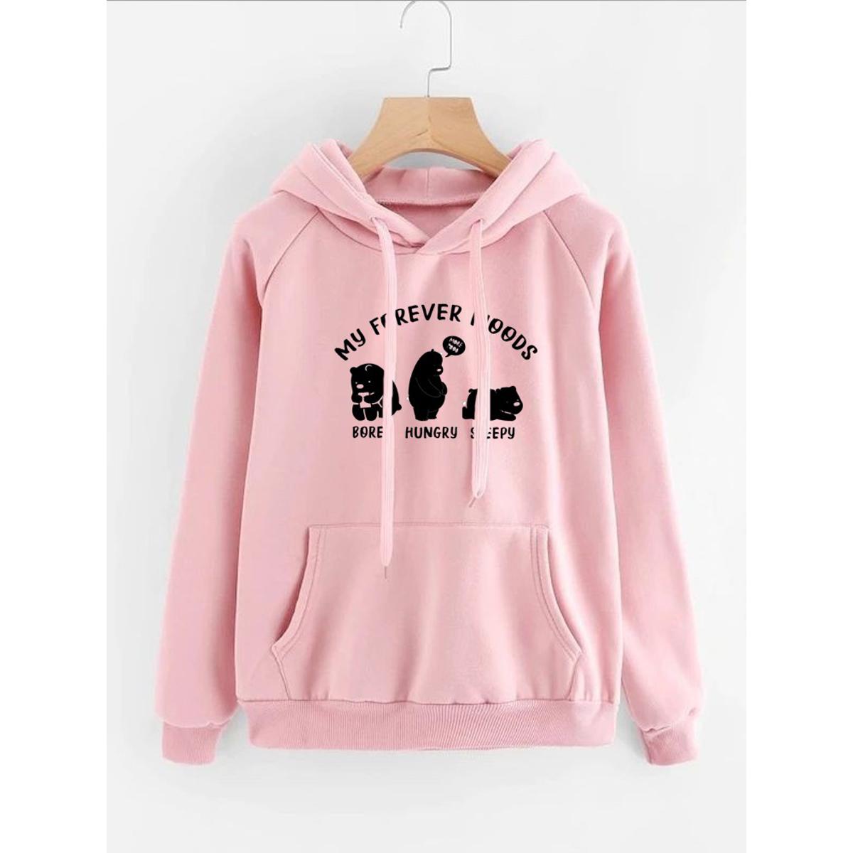 My Forever Moods Bear Printed Fleece Full Sleeves Pull Over Hoodie For Women