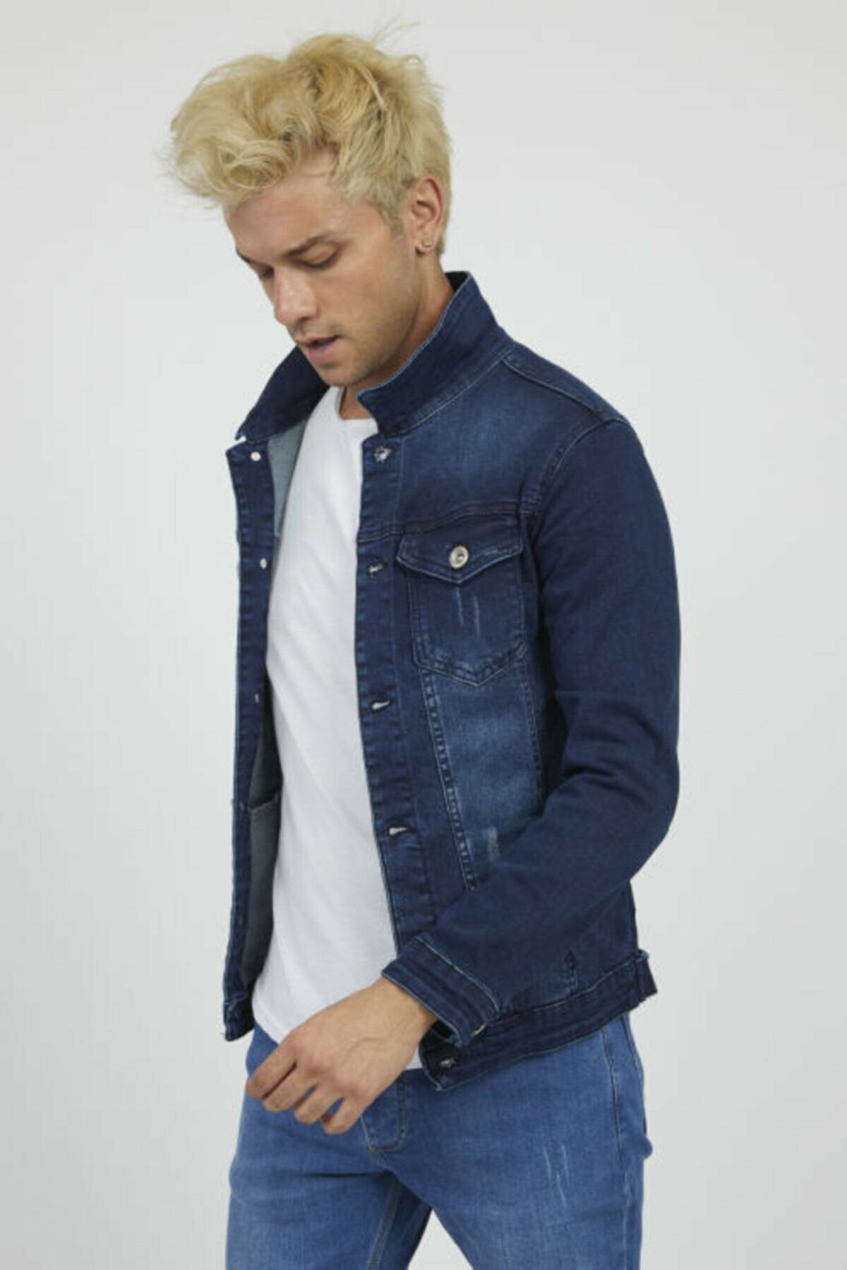 Ace Mens Denim Jacket Stretchable Fine Lycra L Blue