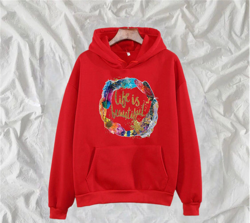 Life Is Beautiful Printed Fleece Full Sleeves Pull Over Hoodie For Women