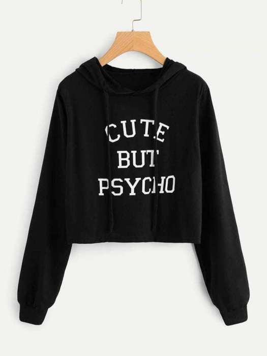 Cropped Hoddie Black Cute But Physco - AceCart Warm Hooded Sweatshirt in Black